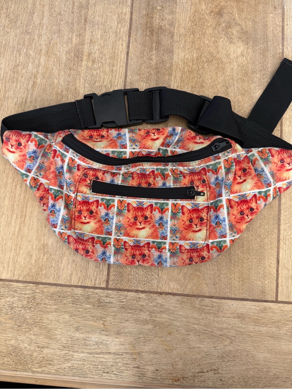 Cat Print Waist Bag Fanny Pack - Black Strap - Orange Cat Pattern